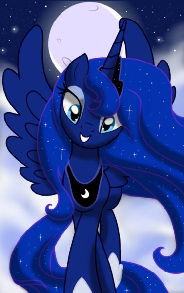 Size: 1200x1912 | Tagged: safe, artist:theroyalprincesses, derpibooru import, princess luna, alicorn, pony, cloud, crossed hooves, full moon, looking at you, moon, night sky, solo, stars