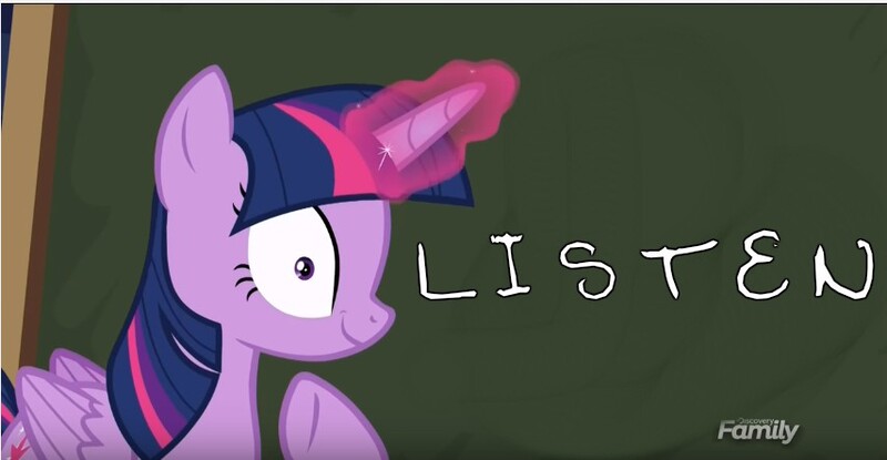 Size: 854x443 | Tagged: safe, derpibooru import, edit, edited screencap, screencap, twilight sparkle, twilight sparkle (alicorn), alicorn, pony, ppov, chalkboard, creepy, discovery family logo, doctor who, faic, female, glowing horn, horn, listen, looking at you, mare, meme, raised hoof, smiling, solo, twilight's blackboard, underhoof, wide eyes