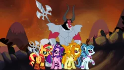 Size: 1280x720 | Tagged: safe, artist:ggalleonalliance, artist:osipush, derpibooru import, adagio dazzle, aria blaze, lord tirek, sonata dusk, sunset shimmer, ponified, bat pony, pony, alternate hairstyle, armor, bat wings, bracelet, choker, glowing horn, heroes of might and magic, jewelry, lance, messy mane, necklace, ponies of flight and magic, slit eyes, spear, spiked choker, spiked wristband, the dazzlings, tribes from tatarus, weapon