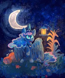 Size: 800x958 | Tagged: safe, artist:namiwami, derpibooru import, princess luna, spider, crescent moon, food, lamp, moon, mouth hold, night, pumpkin, raised hoof, sitting, solo, spread wings, transparent moon