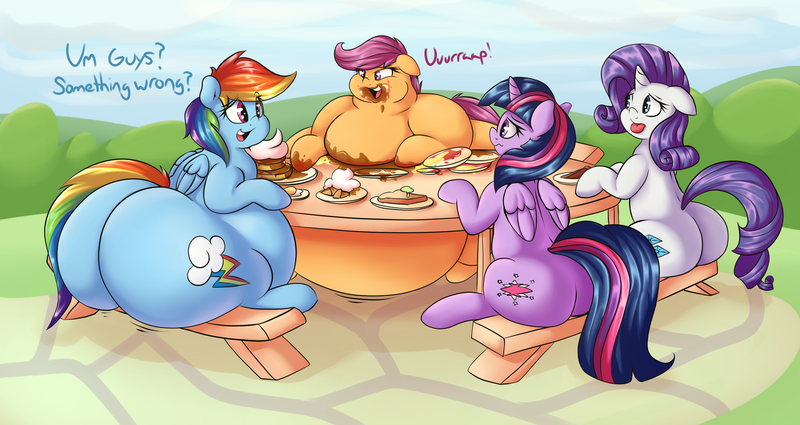 Size: 3000x1594 | Tagged: questionable, artist:graphenescloset, derpibooru import, rainbow dash, rarity, scootaloo, twilight sparkle, twilight sparkle (alicorn), alicorn, pony, adorafatty, belly, bench, big belly, burp, chubby, chubby cheeks, cute, disgusted, double chin, eating, fat, food, huge butt, impossibly large belly, impossibly large butt, large butt, messy eating, morbidly obese, obese, pancakes, plates, plot, rainblob dash, rainbutt dash, rearity, scootalard, sitting, table, tongue out, twibutt