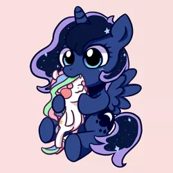 Size: 1024x1024 | Tagged: safe, artist:a-yann, derpibooru import, princess celestia, princess luna, biting, cute, drool, filly, lunabetes, nom, plushie, simple background, sitting, solo, woona, younger