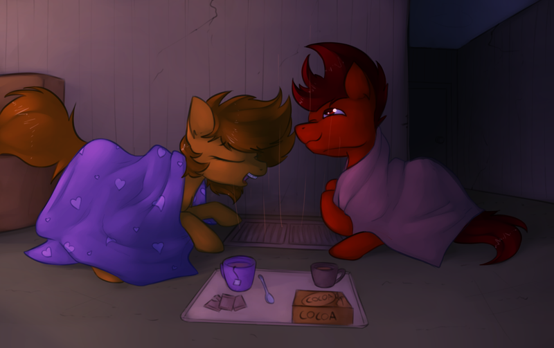 Size: 3019x1898 | Tagged: artist:marsminer, blanket, coffee cup, cup, derpibooru import, drink, marspring, oc, oc:mars miner, oc:venus spring, safe, smiling, spoon, unofficial characters only, vent