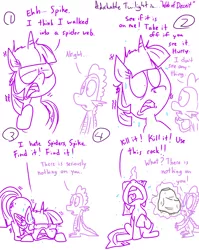 Size: 1280x1611 | Tagged: safe, artist:adorkabletwilightandfriends, derpibooru import, spike, twilight sparkle, twilight sparkle (alicorn), alicorn, pony, spider, comic:adorkable twilight and friends, adorkable twilight, arachnophobia, comic, freaking out, kill it, lineart, nostril flare, rock, slice of life, spider web, this will end in pain, this will not end well