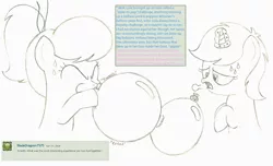 Size: 2864x1744 | Tagged: safe, artist:sny-por, derpibooru import, oc, oc:lola balloon, oc:sleepy zee, unofficial characters only, earth pony, pony, unicorn, ask, balloon, balloon fetish, levitation, magic, monochrome, puffy cheeks, sweat, telekinesis, traditional art, tumblr