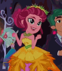 Size: 408x468 | Tagged: safe, derpibooru import, screencap, gloriosa daisy, lyra heartstrings, timber spruce, equestria girls, legend of everfree, animated, crystal gala, cute, daisybetes, dancing, female, gif, male, solo focus