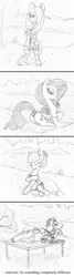 Size: 636x2362 | Tagged: suggestive, artist:t72b, derpibooru import, coco pommel, fluttershy, rarity, ponified, pony, bedroom eyes, bikini, clothes, comic, crossdressing, john cleese, lingerie, male, microphone, monochrome, monty python, scene interpretation, socks, stallion, swimsuit, table, traditional art