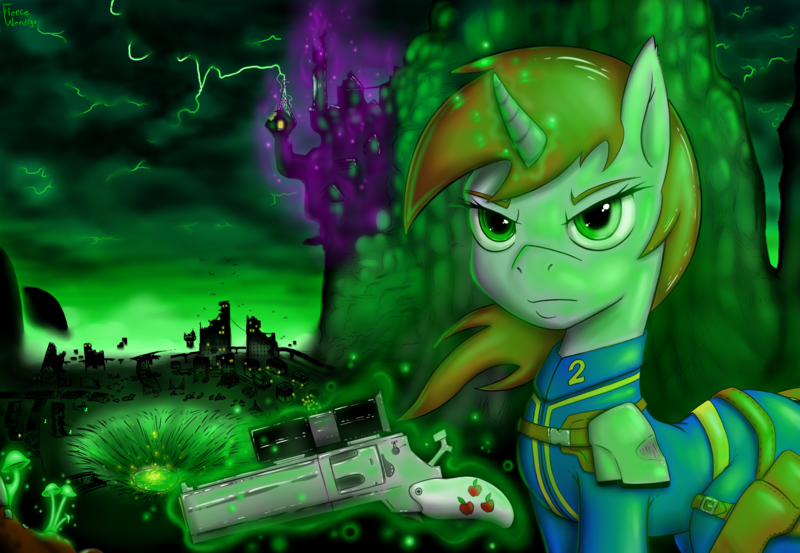 Size: 3400x2350 | Tagged: safe, artist:fiercewendigo, derpibooru import, oc, oc:littlepip, unofficial characters only, pony, unicorn, fallout equestria, fanfic, canterlot, clothes, fanfic art, female, glowing horn, gun, handgun, horn, little macintosh, magic, mare, pink cloud, pink cloud (fo:e), revolver, ruins, solo, telekinesis, updated, vault suit, wasteland, weapon