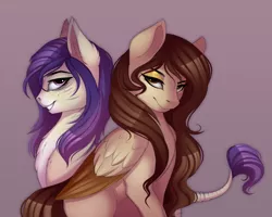 Size: 3500x2800 | Tagged: safe, artist:evehly, derpibooru import, oc, oc:krystal feathers, oc:nikki, unofficial characters only, pegasus, pony, zonkey, bedroom eyes, colored wings, colored wingtips, duo, ear fluff, female, gray background, mare, quadrupedal, simple background, sitting, smiling