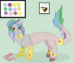 Size: 1080x936 | Tagged: safe, artist:deltafairy, derpibooru import, oc, unofficial characters only, draconequus, hybrid, original species, adoptable, commission, custom, interspecies offspring, offspring, parent:discord, parent:princess celestia, parents:dislestia, reference sheet, solo