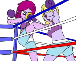 Size: 660x531 | Tagged: safe, artist:toyminator900, derpibooru import, fuchsia blush, lavender lace, equestria girls, boxing, kickboxing, kicking, punch