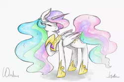 Size: 6000x4000 | Tagged: absurd resolution, artist:wintaura, colored sketch, derpibooru import, digital art, ear fluff, eyes closed, jewelry, princess celestia, raised hoof, regalia, safe, simple background, sketch, smiling, solo, sparkles, sparkly mane, traditional art, watercolor painting, white background