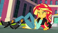 Size: 1280x720 | Tagged: safe, derpibooru import, screencap, sunset shimmer, equestria girls, friendship games, boots, canterlot high, high heel boots, solo