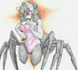 Size: 5289x4761 | Tagged: absurd resolution, anthro, artist:flicker-show, big breasts, blushing, breasts, chelicerae, derpibooru import, drider, female, looking at you, monster pony, oc, oc:charlotte silk, original species, solo, solo female, spiderpony, suggestive, surprised, towel, traditional art, unofficial characters only, wet, wet mane