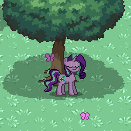 Size: 450x450 | Tagged: butterfly, derpibooru import, eyes closed, grass, pony town, safe, shade, solo, starlight glimmer, tree