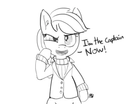 Size: 1280x1059 | Tagged: applejack, artist:pabbley, captain jackbeard, captain phillips, derpibooru import, dialogue, meme, monochrome, ppov, safe, solo