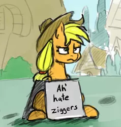Size: 708x744 | Tagged: safe, artist:post-it, derpibooru import, applejack, earth pony, pony, accent, bigotjack, cowboy hat, die hard, die hard with a vengeance, female, funetik aksent, hat, mare, mouthpiece, out of character, parody, ponyville, public humiliation, racism, racist slur, sign, solo, vulgar, ziggers