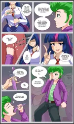 Size: 761x1271 | Tagged: artist:thebrokencog, body swap, breasts, busty twilight sparkle, clothes, colored, color edit, comic, comic:the spike experiment, derpibooru import, dialogue, dizzy, edit, female, human, humanized, male, onomatopoeia, potion, spanish, speech bubble, spike, suggestive, thought bubble, translation, twilight sparkle