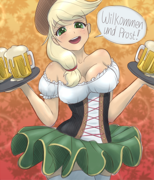 Size: 2705x3156 | Tagged: alcohol, anime, apple cider, applejack, artist:askamberfawn, beer, blushing, breasts, busty applejack, clothes, corset, cute, derpibooru import, female, german, germany, human, humanized, oktoberfest, sexy, skirt, socks, solo, suggestive, thigh highs, translator:geistschlauch, waitress, zettai ryouiki