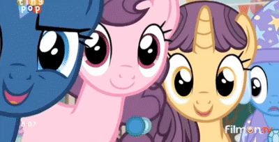 Size: 400x204 | Tagged: safe, derpibooru import, screencap, double diamond, night glider, party favor, sugar belle, trixie, pony, to where and back again, animated, cute, double dawwmond, equal four, gif, happy, raised eyebrow, smiling