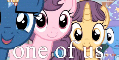 Size: 400x204 | Tagged: safe, derpibooru import, edit, edited screencap, screencap, double diamond, night glider, party favor, sugar belle, trixie, pony, unicorn, to where and back again, animated, cute, double dawwmond, equal four, female, gif, happy, image macro, join the herd, mare, meme, one of us, smiling, welcome to the herd