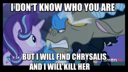 Size: 800x450 | Tagged: safe, derpibooru import, edit, edited screencap, screencap, discord, starlight glimmer, thorax, trixie, changeling, pony, unicorn, to where and back again, angry, caption, female, image macro, liam neeson, mare, meme, shit just got real, taken