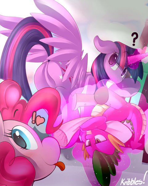 Size: 4000x5000 | Tagged: safe, artist:kribbles, derpibooru import, pinkie pie, spike, twilight sparkle, twilight sparkle (alicorn), alicorn, pony, blushing, castle, cloud, featureless crotch, heart, horn, looking at you, magic, mountain, telekinesis, tongue out, twibutt, waterfall, wings