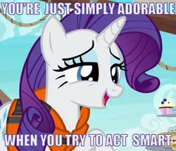 Size: 553x474 | Tagged: safe, derpibooru import, edit, edited screencap, screencap, rarity, pony, unicorn, ppov, caption, condescending, female, image macro, lidded eyes, mare, meme, smiling, solo, text, you're adorable