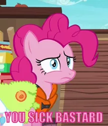 Size: 389x452 | Tagged: safe, derpibooru import, edit, edited screencap, screencap, pinkie pie, earth pony, pony, ppov, caption, female, image macro, mare, meme, solo, you sick bastard