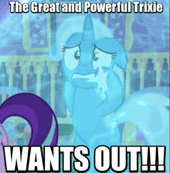 Size: 397x403 | Tagged: safe, derpibooru import, edit, edited screencap, screencap, starlight glimmer, trixie, pony, unicorn, to where and back again, animated, bubble, caravan, cute, diatrixes, female, floppy ears, force field, freakout, gif, hoofy-kicks, image macro, magic, mare, marge vs the monorail, meme, panic, screaming, tantrum, the simpsons, trixie yells at everything, trixie's wagon