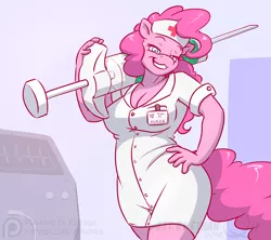 Size: 900x800 | Tagged: anthro, artist:ethanqix, bedroom eyes, big breasts, breasts, busty pinkie pie, cleavage, clothes, derpibooru import, female, giant syringe, hand on hip, hat, looking at you, nurse, nurse outfit, pinkie pie, seductive pose, sexy, solo, solo female, stupid sexy pinkie, suggestive, syringe, this will end in pain, this will end in tears and/or death