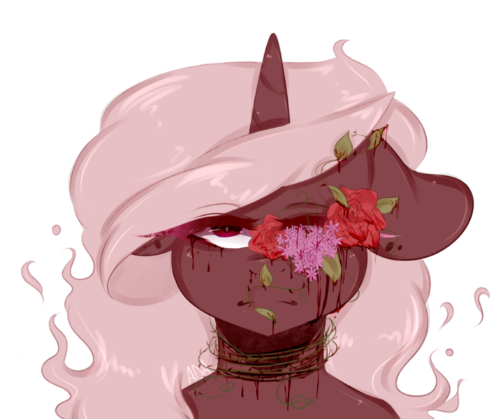 Size: 1024x853 | Tagged: artist:alliedrawsart, blood, bust, derpibooru import, flower, goretober, grimdark, oc, oc:crona, rose, simple background, solo, thorns, transparent background, unofficial characters only