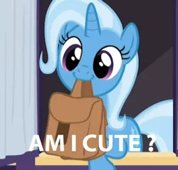 Size: 471x450 | Tagged: safe, derpibooru import, edit, edited screencap, screencap, trixie, pony, unicorn, to where and back again, :3, bronybait, caption, cropped, cute, diatrixes, female, mare, mouth hold, solo, to saddlebags and back again, trixie is cute, yes