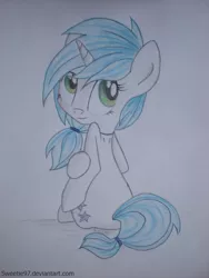 Size: 2448x3264 | Tagged: safe, artist:sweeterwho, derpibooru import, oc, oc:sweetie, unofficial characters only, pony, cute, looking at you, looking back, ponytail, sitting, smiling, solo, traditional art