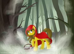 Size: 3000x2200 | Tagged: safe, artist:sweeterwho, derpibooru import, ponified, pony, wolf, fog, forest, little red riding hood, scared, tree