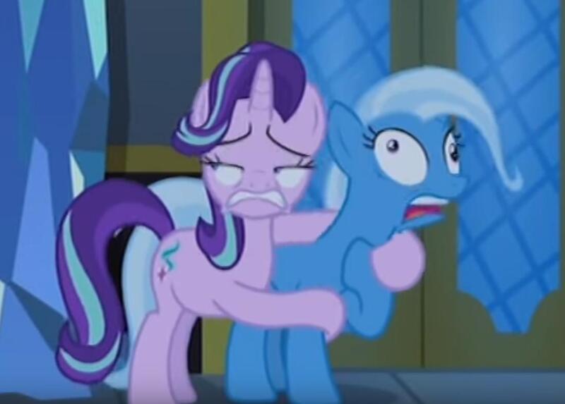 Size: 1098x786 | Tagged: safe, derpibooru import, screencap, starlight glimmer, trixie, pony, unicorn, to where and back again, cropped, derp, duo, faic, female, lidded eyes, mare, panic, scared