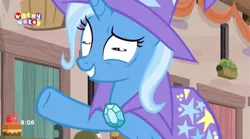 Size: 848x472 | Tagged: safe, derpibooru import, screencap, trixie, pony, to where and back again, great moments in animation, grin, hypnotoad, smiling, solo, tiny pop, wat, wide eyes