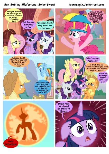 Size: 4961x7016 | Tagged: safe, artist:teammagix, derpibooru import, applejack, fluttershy, pinkie pie, princess celestia, rainbow dash, rarity, twilight sparkle, twilight sparkle (alicorn), alicorn, pony, comic:sun setting misfortune, absurd resolution, comic, hat, mane six, nightmare sunset, possessed, possesstia, sun, umbrella hat