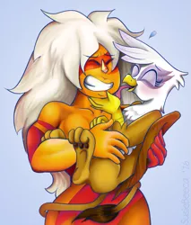 Size: 1053x1237 | Tagged: suggestive, artist:susiebeeca, derpibooru import, gilda, gryphon, blushing, crossover, face licking, gildadorable, grooming, jasper (steven universe), licking, muscles, nudity, steven universe, tongue out