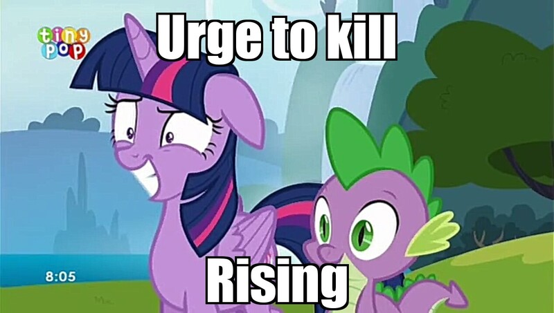 Size: 1267x717 | Tagged: safe, derpibooru import, edit, edited screencap, screencap, spike, twilight sparkle, twilight sparkle (alicorn), alicorn, dragon, pony, to where and back again, caption, female, image macro, male, mare, meme, the simpsons, urge to kill rising