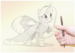 Size: 1073x758 | Tagged: safe, artist:sherwoodwhisper, derpibooru import, oc, oc:eri, unofficial characters only, human, pony, unicorn, beautiful, bow, clothes, cute, dress, female, fourth wall, grayscale, hair bow, hnnng, holding hands, holding hooves, human on pony hoof holding, looking up, mare, monochrome, ocbetes, pencil, pencil drawing, perspective, photo, shadow, size difference, smiling, solo focus, sweet dreams fuel, traditional art