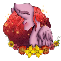 Size: 1115x1115 | Tagged: safe, artist:niniibear, derpibooru import, oc, unofficial characters only, pegasus, pony, big ears, blushing, bust, cute, ears, eyes closed, flower, fluffy, food, orange, pink, portrait, purple, red, solo, yellow