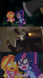 Size: 577x1048 | Tagged: safe, derpibooru import, screencap, sci-twi, sunset shimmer, twilight sparkle, equestria girls, legend of everfree, axe, exploitable meme, friday the 13th, horror, jason voorhees, meme, screencap comic, sunset screamer, weapon