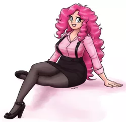 Size: 1280x1236 | Tagged: artist:king-kakapo, blushing, breasts, busty pinkie pie, clothes, derpibooru import, female, high heels, human, humanized, mary janes, multiple variants, pantyhose, pinkie pie, plump, safe, shirt, skirt, solo, suspenders