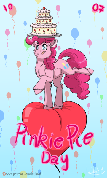 Size: 900x1496 | Tagged: artist:inuhoshi-to-darkpen, balancing, balloon, cake, derpibooru import, dessert, heart, pinkie pie, raised hoof, safe, solo, tray