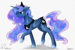 Size: 4320x2880 | Tagged: artist:wintaura, colored sketch, crown, derpibooru import, floppy ears, jewelry, princess luna, raised hoof, regalia, royalty, safe, shadow, simple background, sketch, solo, sparkly mane, starry mane, traditional art, walking, watercolor painting, white background