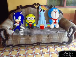 Size: 2592x1936 | Tagged: artist:jocelynminions, crossover, derpibooru import, despicable me, doraemon, food, irl, minion, photo, ponies in real life, popcorn, rainbow dash, safe, sonic boom, sonic the hedgehog, sonic the hedgehog (series)