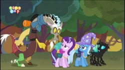 Size: 1136x640 | Tagged: safe, derpibooru import, screencap, discord, starlight glimmer, thorax, trixie, changeling, pony, unicorn, to where and back again, female, mare, reformed four