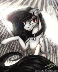 Size: 2000x2500 | Tagged: source needed, safe, artist:sevenada, derpibooru import, oc, oc:lanteria, unofficial characters only, pegasus, pony, art trade, collar, horns, looking at you, smiling, solo, spread wings