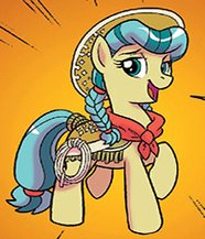 Size: 186x217 | Tagged: safe, artist:tonyfleecs, derpibooru import, idw, calamity mane, earth pony, pony, spoiler:comic, spoiler:comicff33, braid, cropped, female, mare, official comic, orange background, simple background, solo